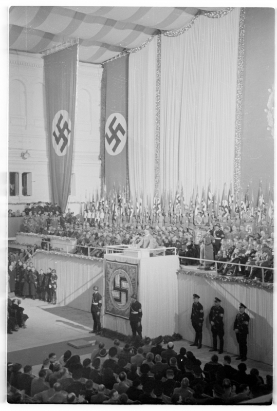 Adolf Hitler gives a speech in Vienna's Nordwestbahnhalle